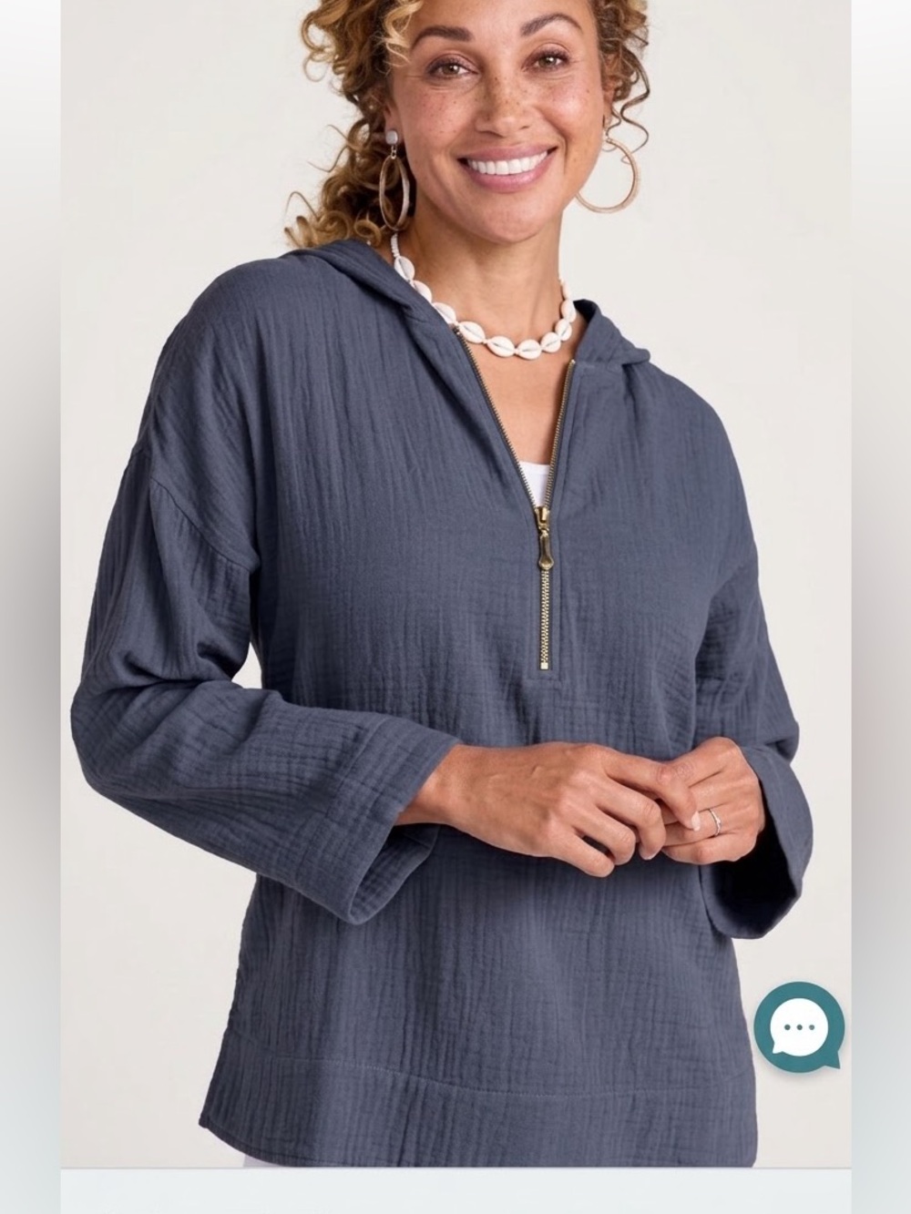 Soft Surroundings Kemia large
Hooded navy 1/4 zip cotton gauze pullover